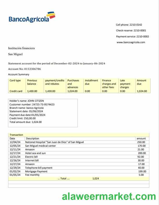Dominican Republic Banco Agricola bank statement 3 – 6 months Word and PDF example